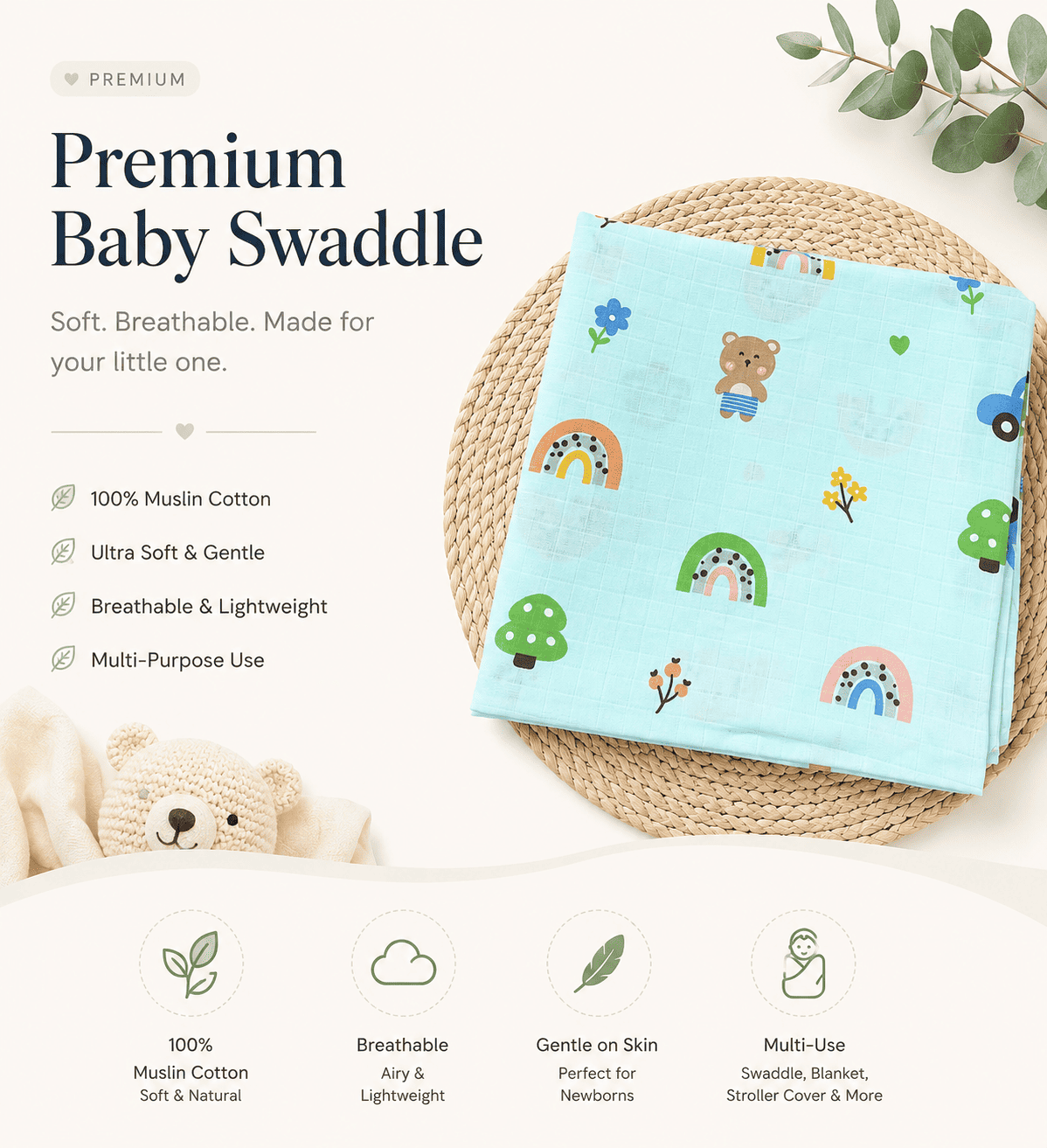 Premium Muslin Swaddle - Green Bear with Tree