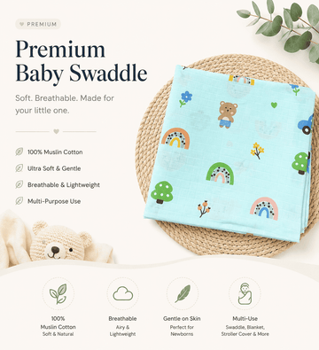 Premium Muslin Swaddle - Green Bear with Tree