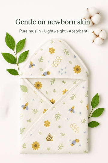 Muslin 2 layer Hooded Towel - Beehive