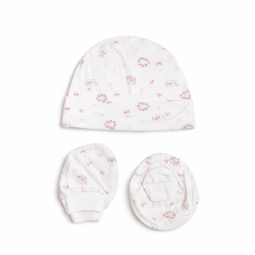 Cap, Mitten & Bootie Set - Baby Teddy Motif