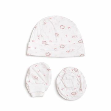 Cap, Mitten & Bootie Set - Baby Teddy Motif